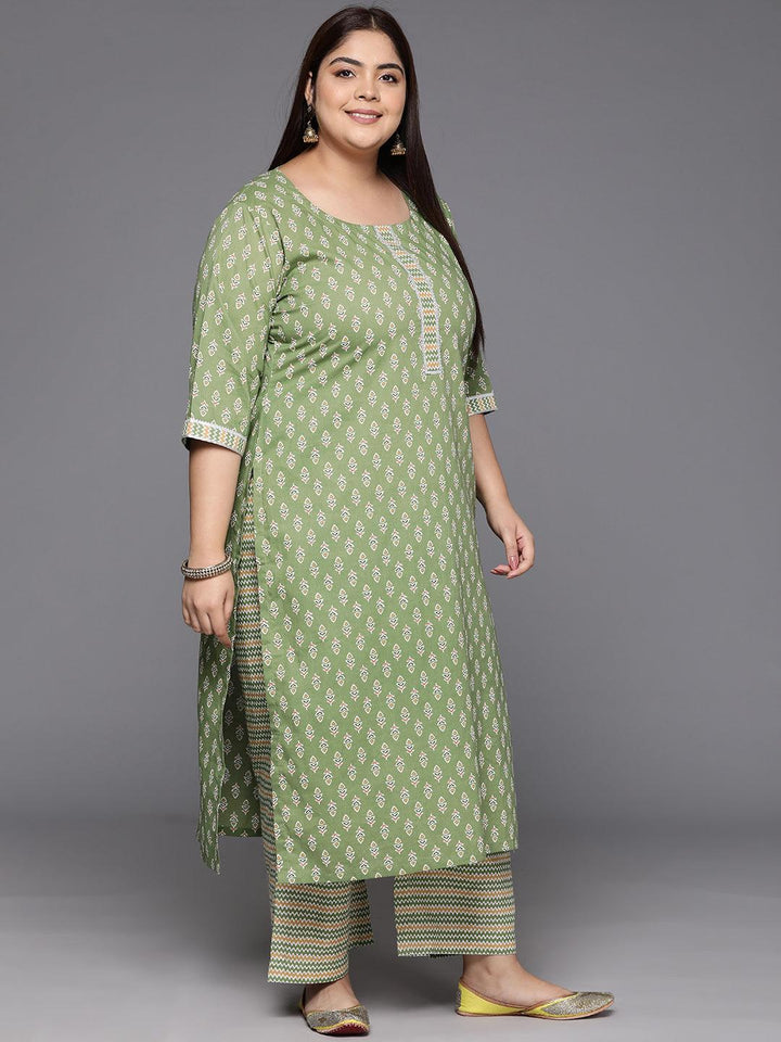 Plus Size Green Printed Cotton Straight Kurta With Trousers & Dupatta