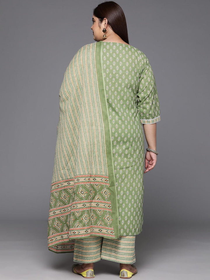Plus Size Green Printed Cotton Straight Kurta With Trousers & Dupatta