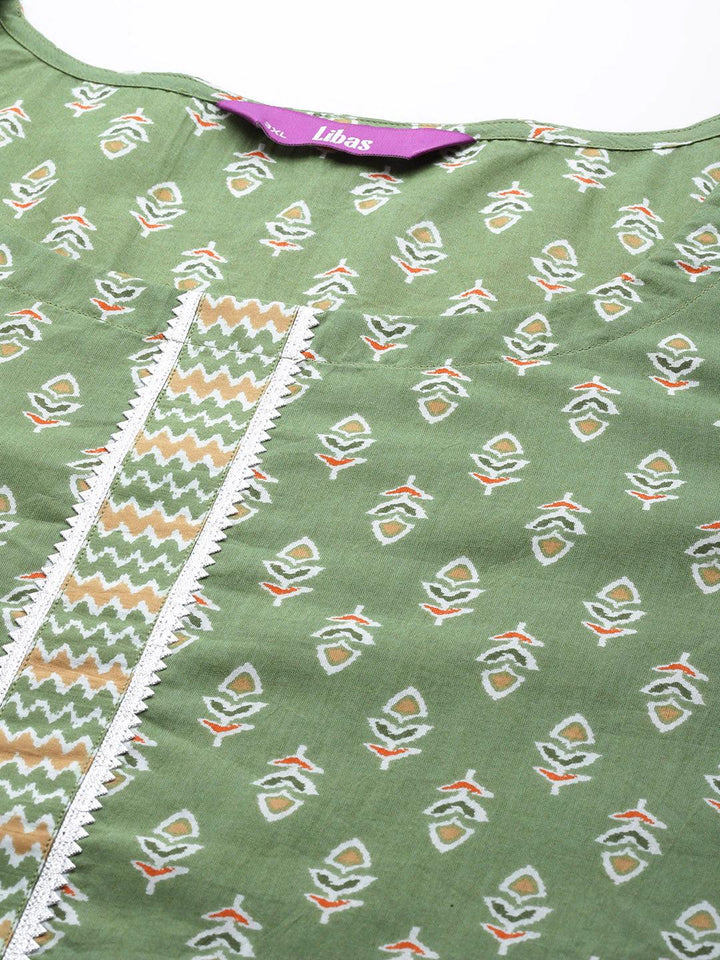 Plus Size Green Printed Cotton Straight Kurta With Trousers & Dupatta