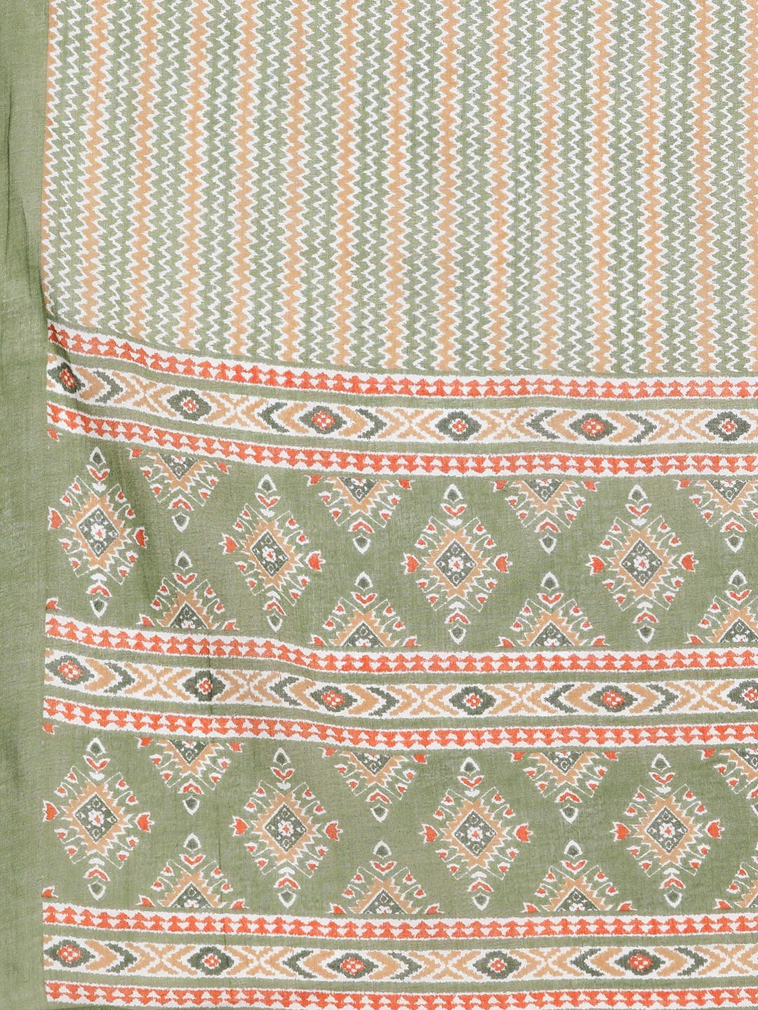 Plus Size Green Printed Cotton Straight Kurta With Trousers & Dupatta - ShopLibas