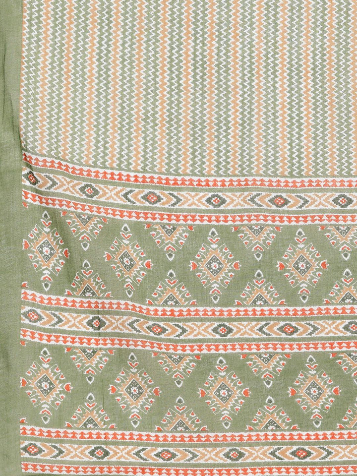 Plus Size Green Printed Cotton Straight Kurta With Trousers & Dupatta