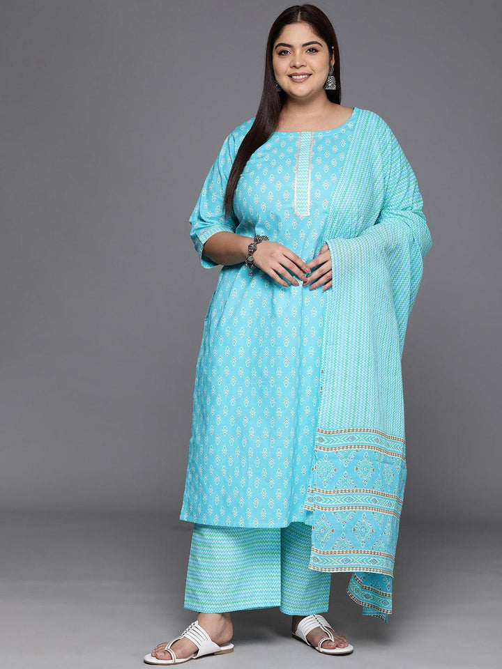 Plus Size Turquoise Blue Printed Cotton Straight Kurta With Trousers & Dupatta