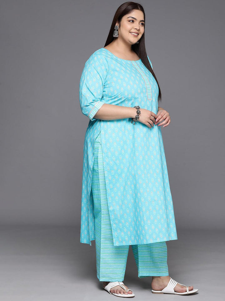 Plus Size Turquoise Blue Printed Cotton Straight Kurta With Trousers & Dupatta