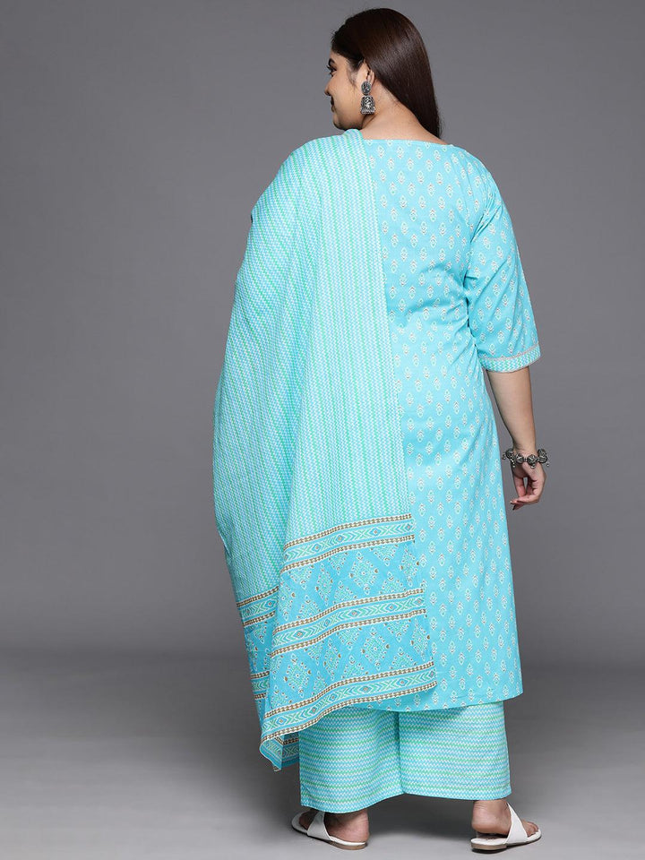 Plus Size Turquoise Blue Printed Cotton Straight Kurta With Trousers & Dupatta