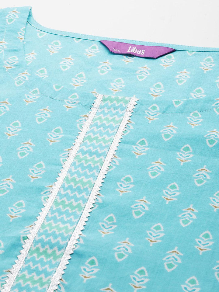 Plus Size Turquoise Blue Printed Cotton Straight Kurta With Trousers & Dupatta