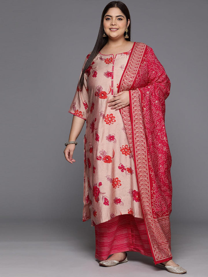Plus Size Pink Printed Silk Blend Straight Suit With Dupatta