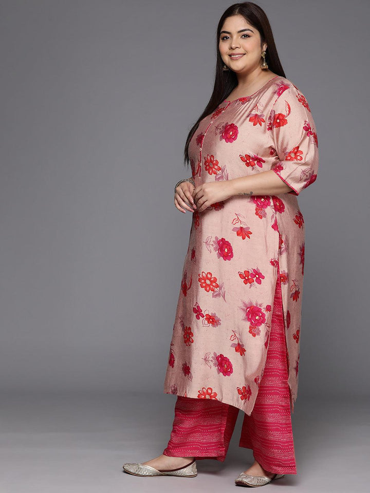 Plus Size Pink Printed Silk Blend Straight Suit With Dupatta