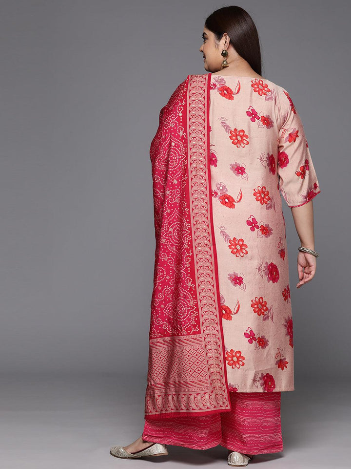 Plus Size Pink Printed Silk Blend Straight Suit With Dupatta