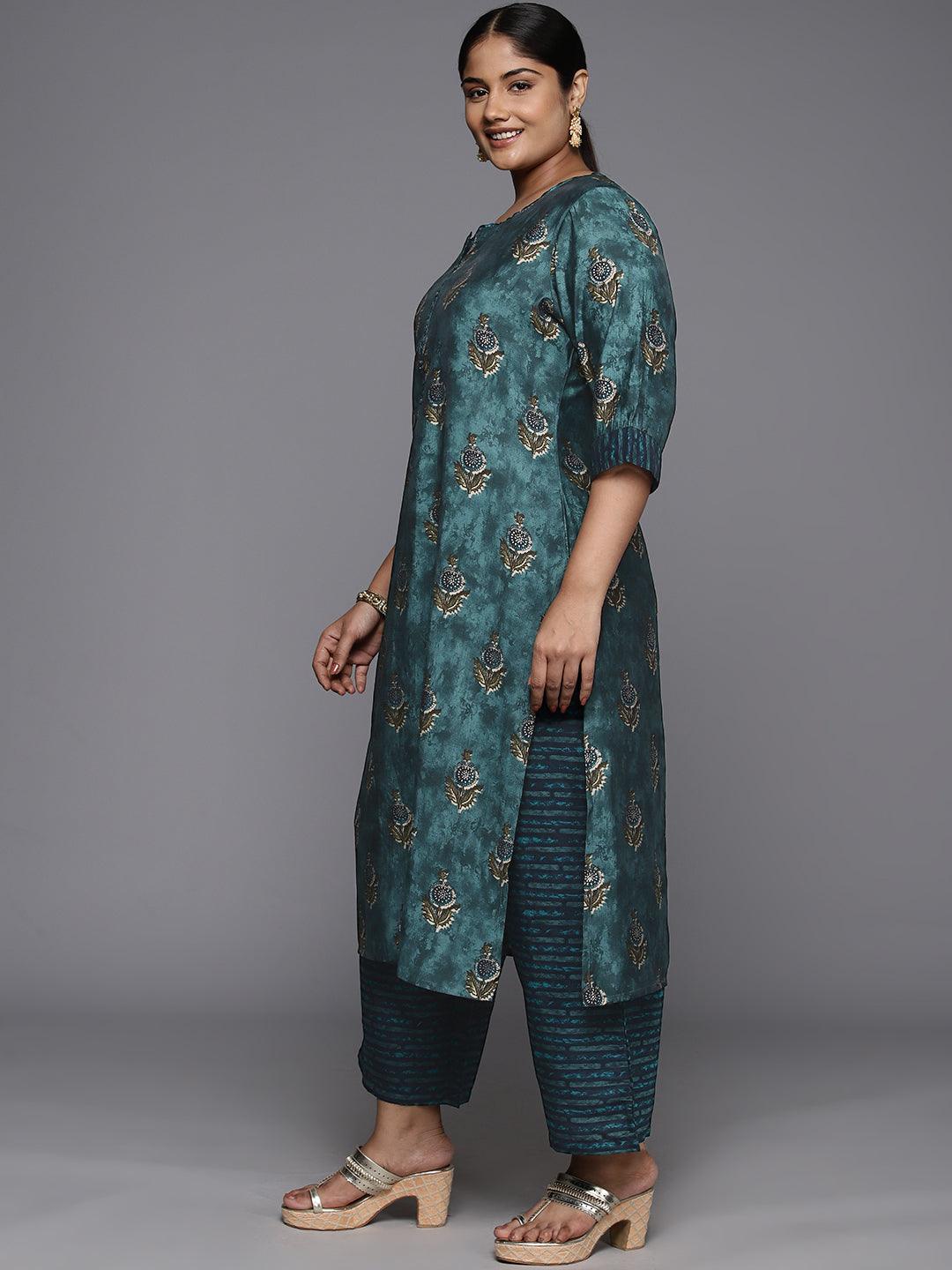 Plus Size Blue Printed Silk Blend Straight Kurta With Trousers & Dupatta - ShopLibas