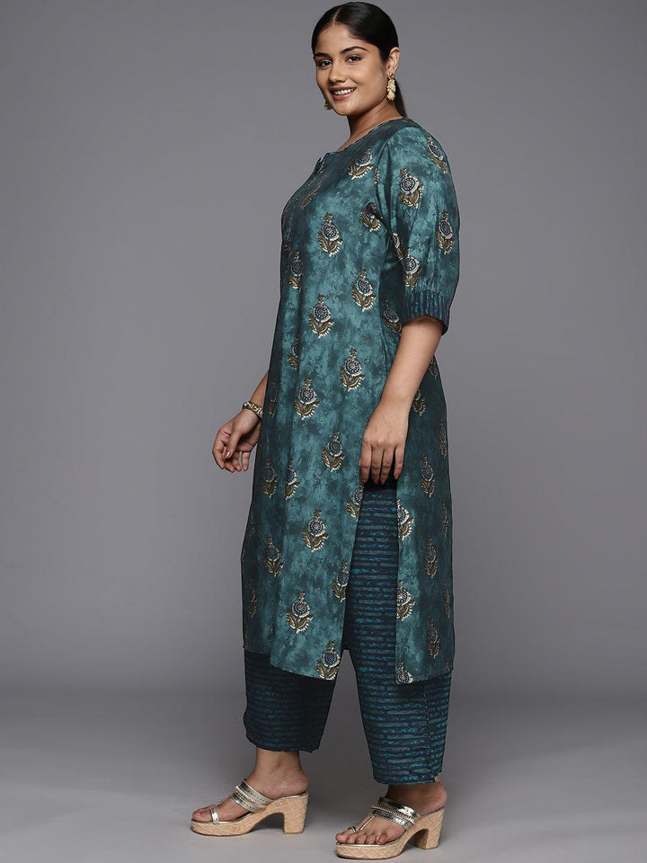 Plus Size Blue Printed Silk Blend Straight Suit With Dupatta
