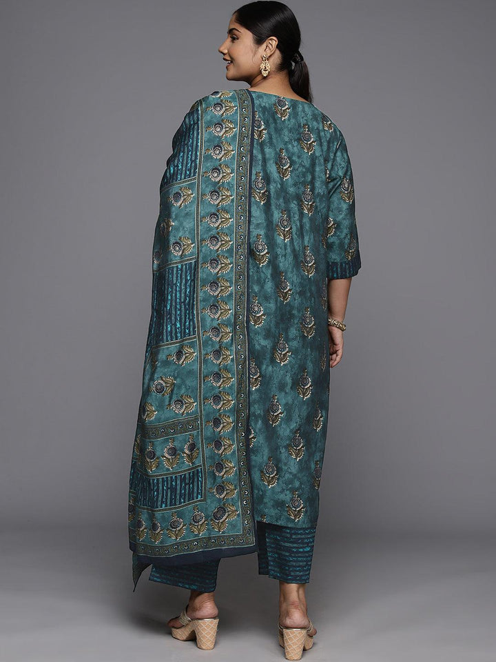 Plus Size Blue Printed Silk Blend Straight Suit With Dupatta
