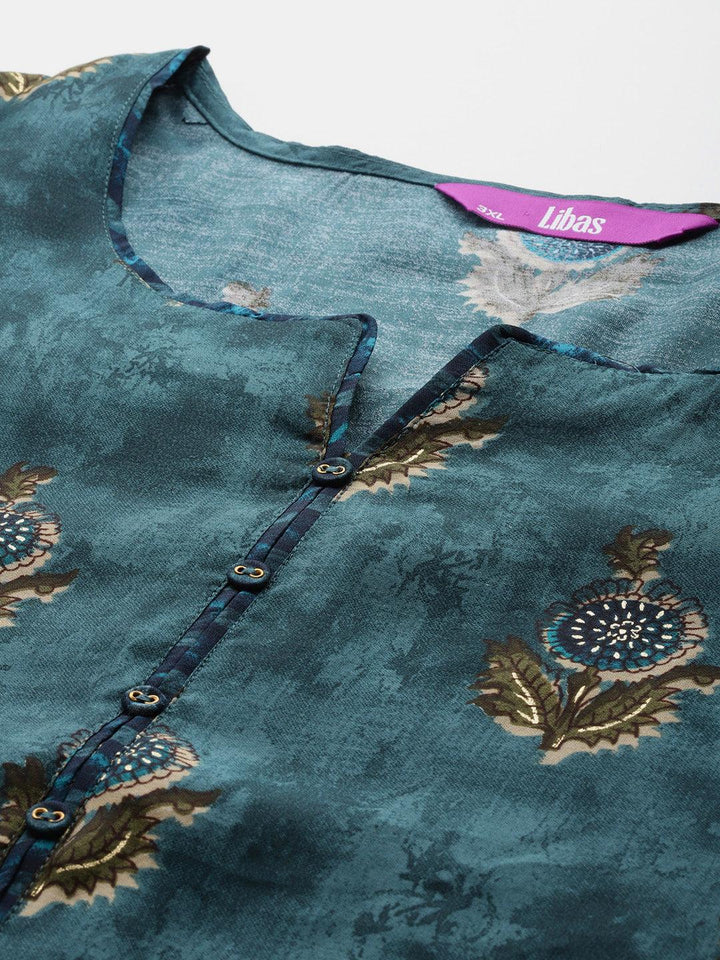 Plus Size Blue Printed Silk Blend Straight Suit With Dupatta