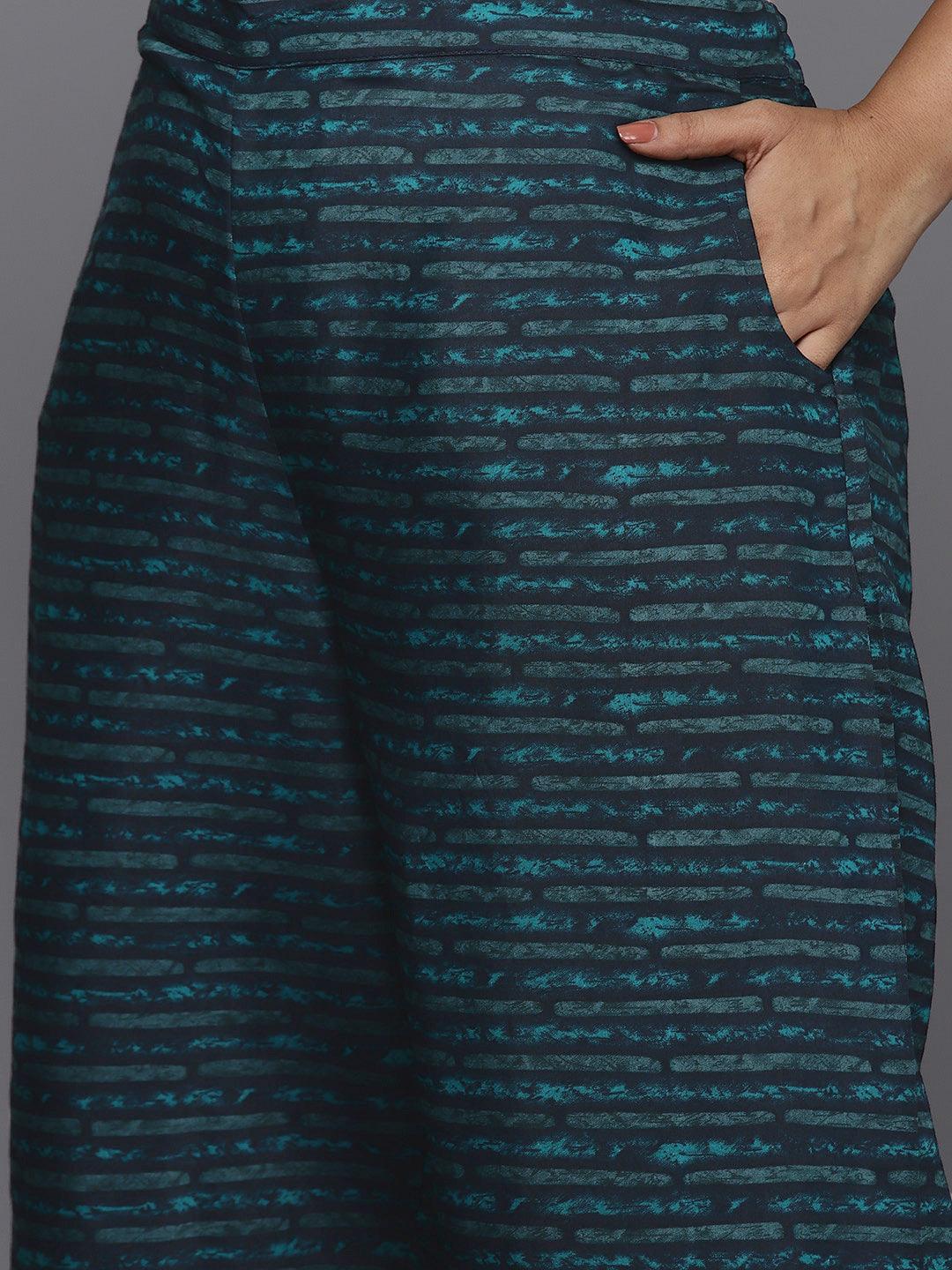 Plus Size Blue Printed Silk Blend Straight Kurta With Trousers & Dupatta - ShopLibas