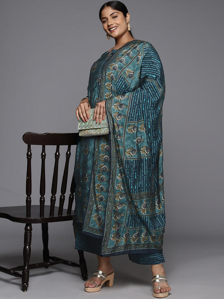 Plus Size Blue Printed Silk Blend Straight Suit With Dupatta