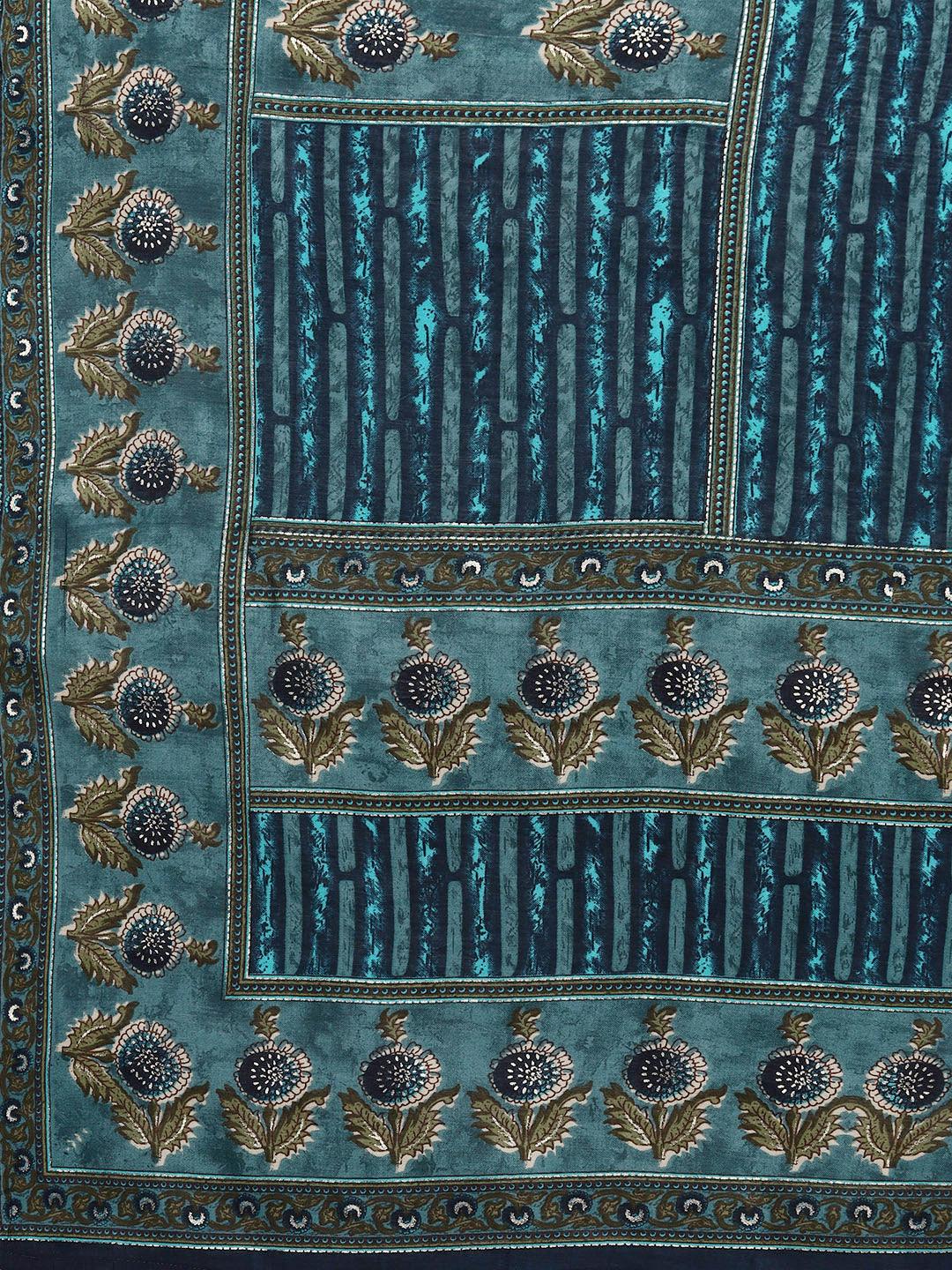 Plus Size Blue Printed Silk Blend Straight Kurta With Trousers & Dupatta - ShopLibas