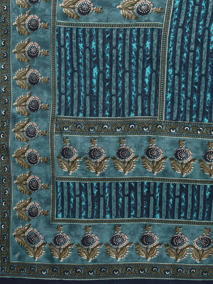 Plus Size Blue Printed Silk Blend Straight Suit With Dupatta