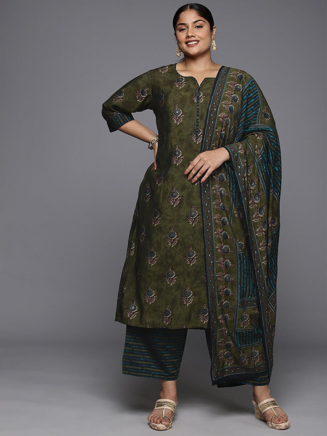 Plus Size Olive Printed Silk Blend Straight Kurta With Trousers & Dupatta - ShopLibas