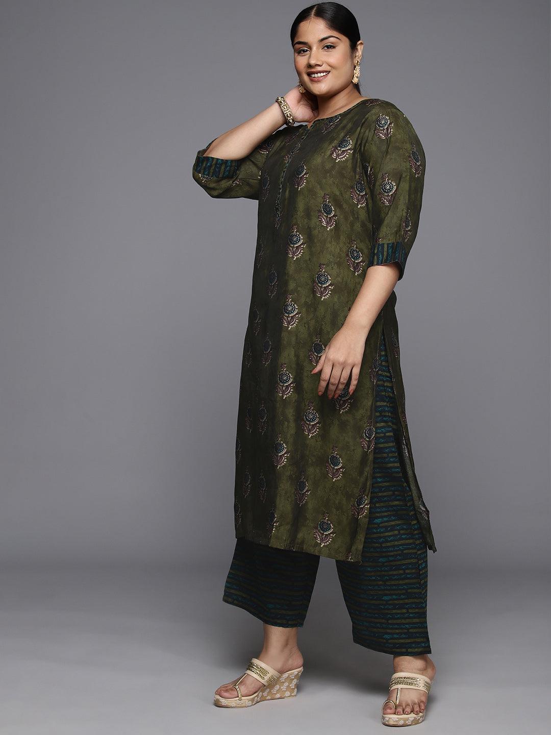 Plus Size Olive Printed Silk Blend Straight Kurta With Trousers & Dupatta - ShopLibas