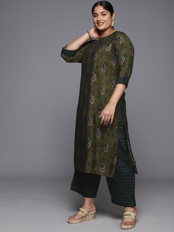 Plus Size Olive Printed Silk Blend Straight Suit With Dupatta