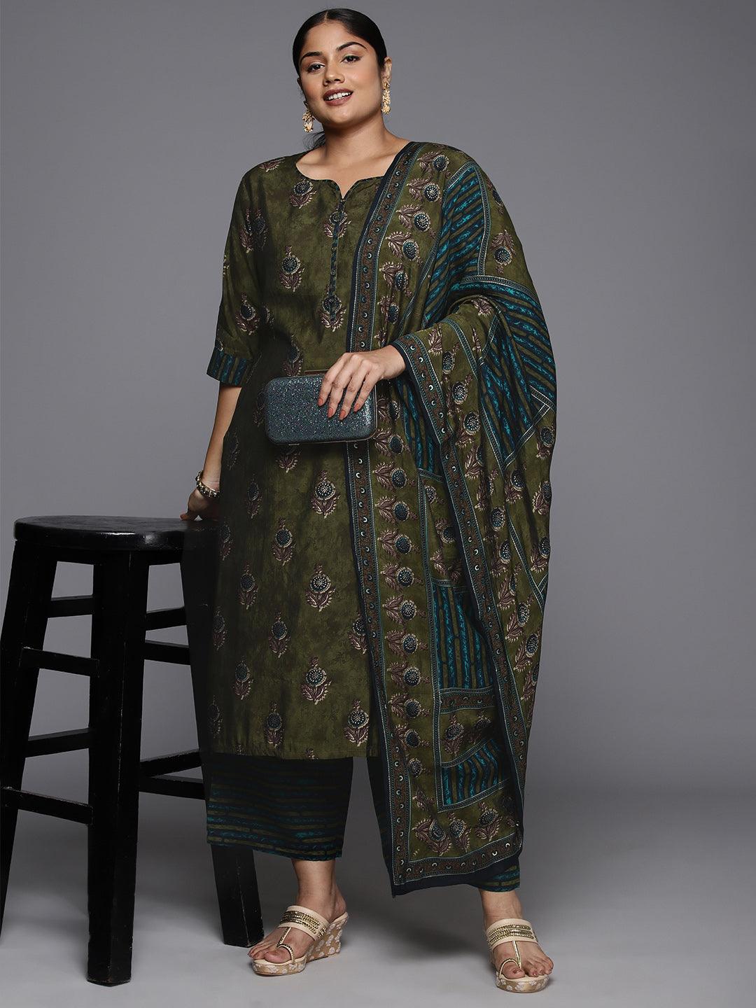 Plus Size Olive Printed Silk Blend Straight Kurta With Trousers & Dupatta - ShopLibas