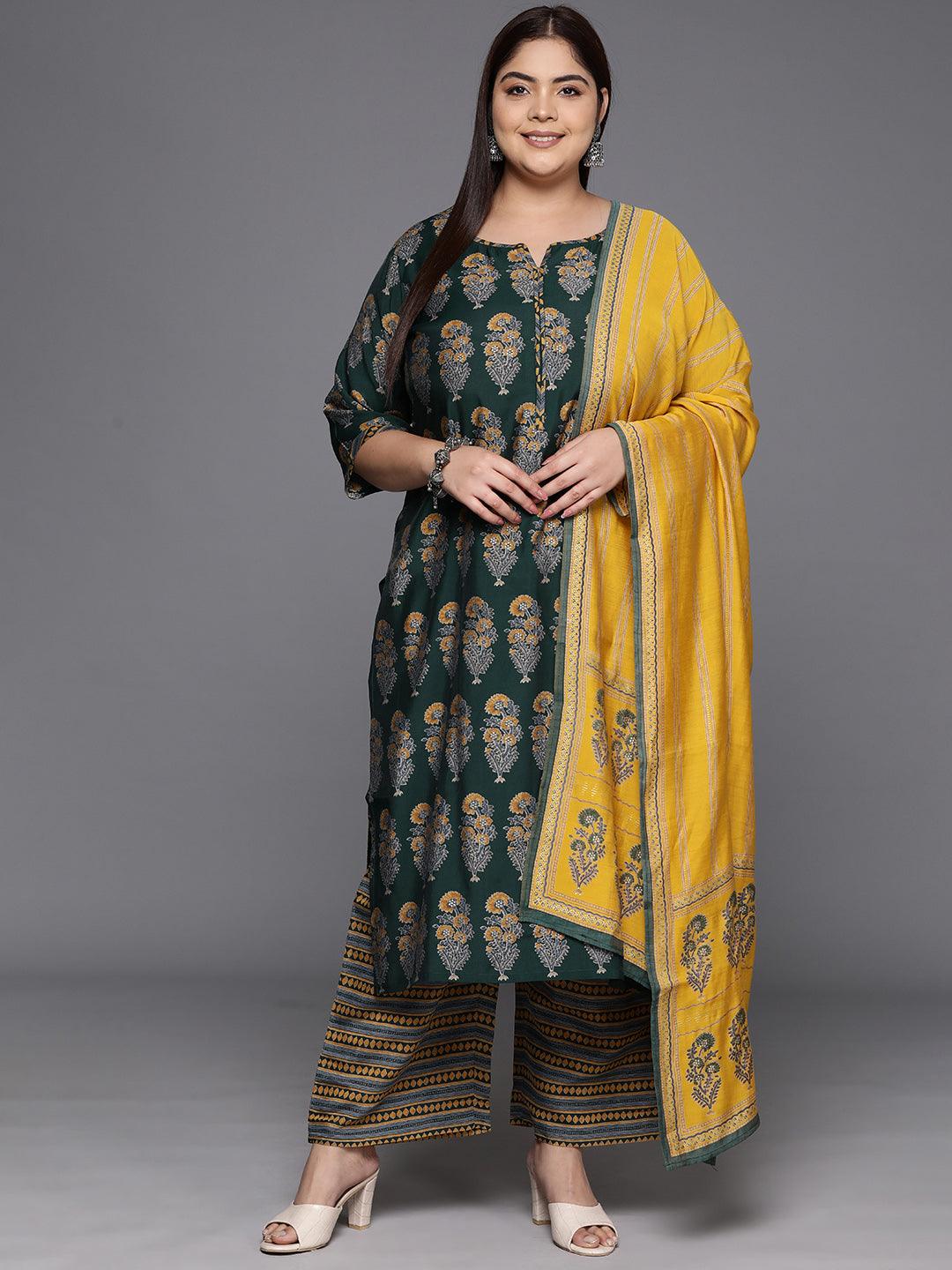 Plus Size Green Printed Silk Blend Straight Kurta With Trousers & Dupatta - ShopLibas