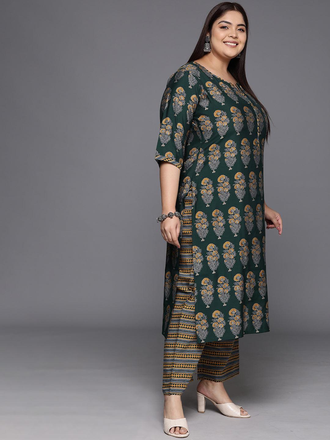 Plus Size Green Printed Silk Blend Straight Kurta With Trousers & Dupatta - ShopLibas