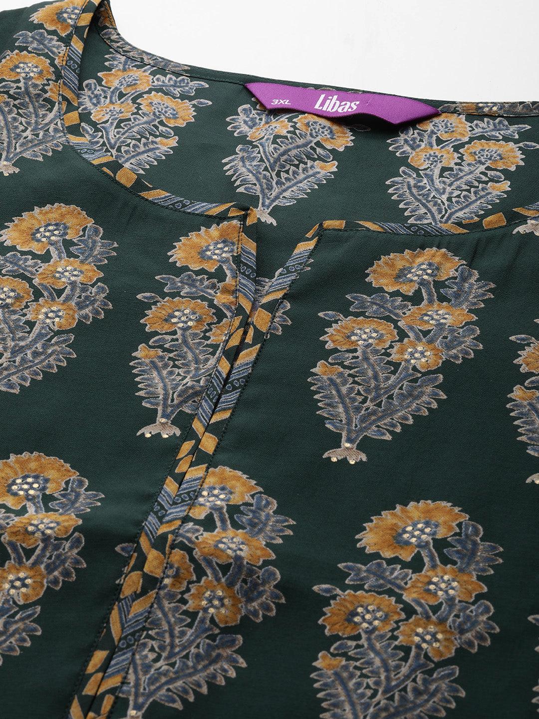 Plus Size Green Printed Silk Blend Straight Kurta With Trousers & Dupatta - ShopLibas