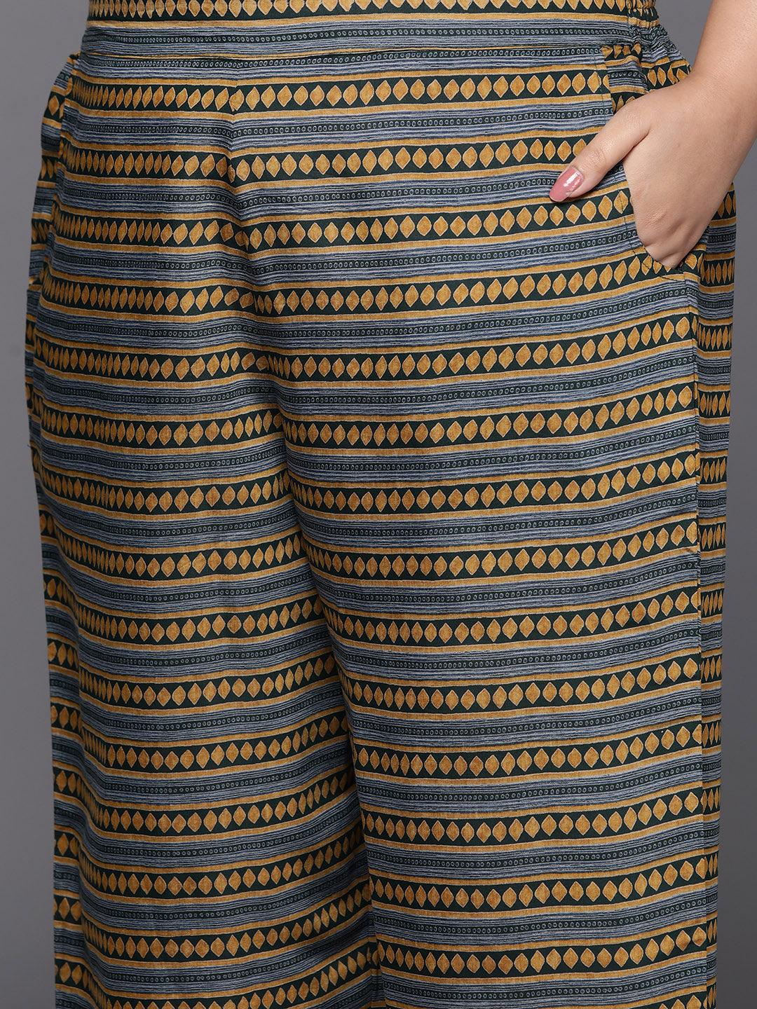 Plus Size Green Printed Silk Blend Straight Kurta With Trousers & Dupatta - ShopLibas