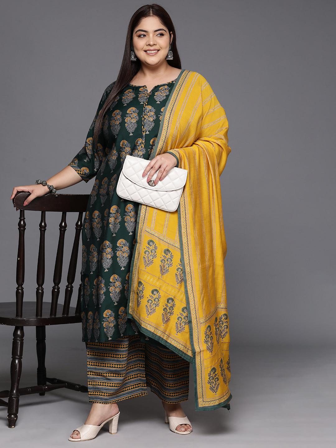 Plus Size Green Printed Silk Blend Straight Kurta With Trousers & Dupatta - ShopLibas