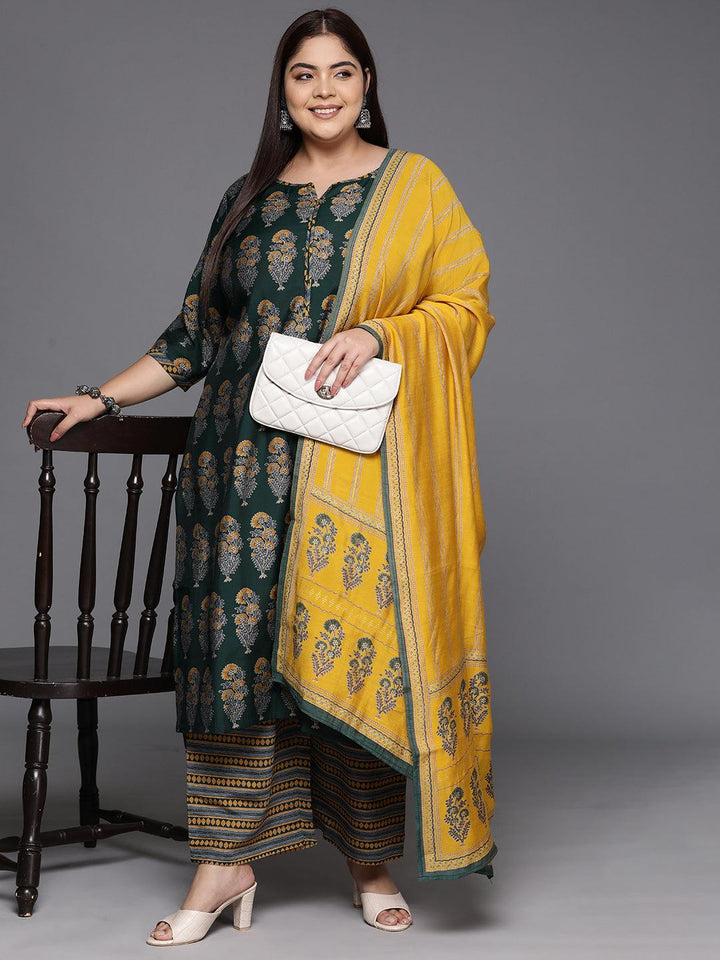 Plus Size Green Printed Silk Blend Straight Suit With Dupatta