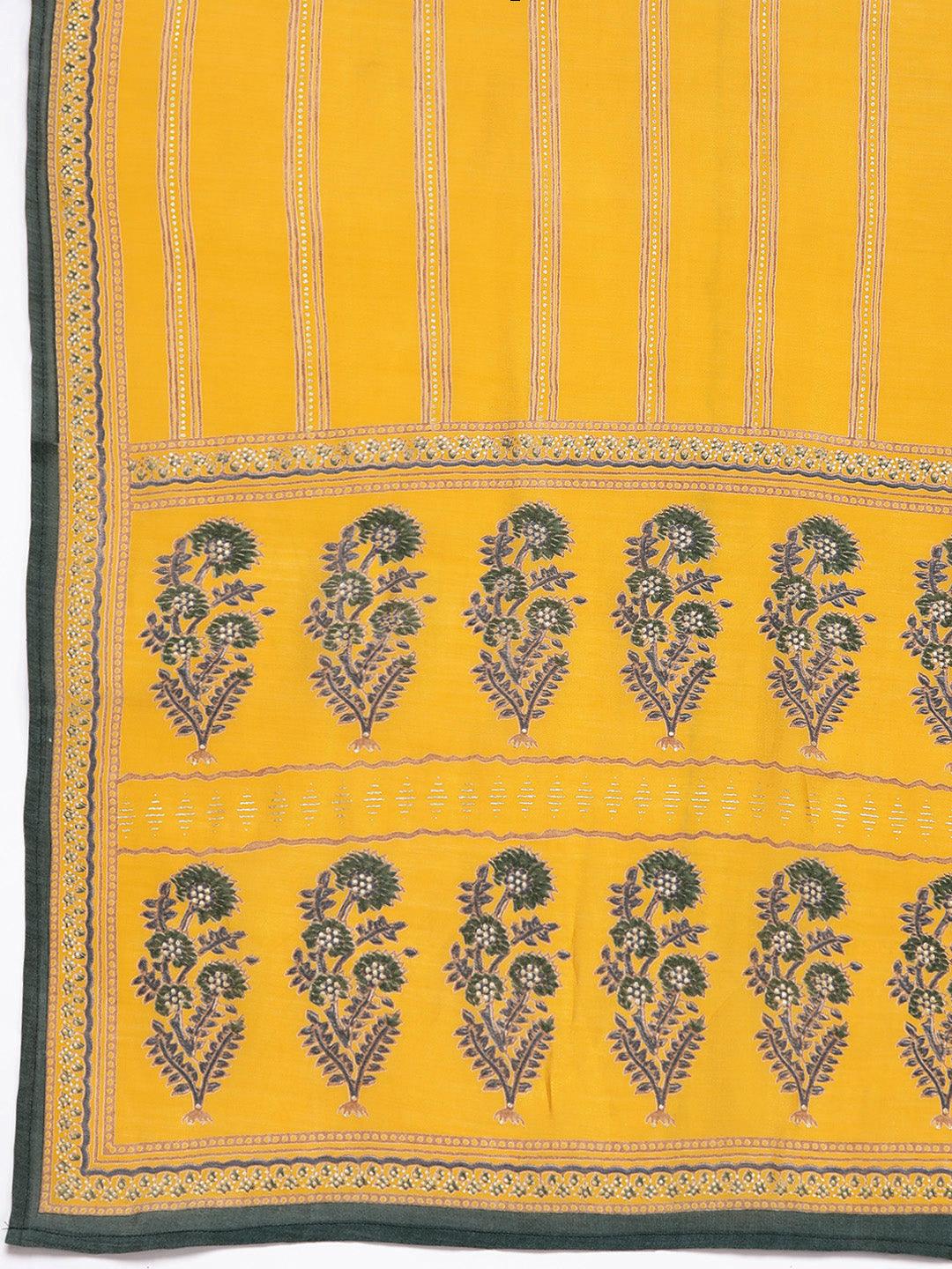 Plus Size Green Printed Silk Blend Straight Kurta With Trousers & Dupatta - ShopLibas