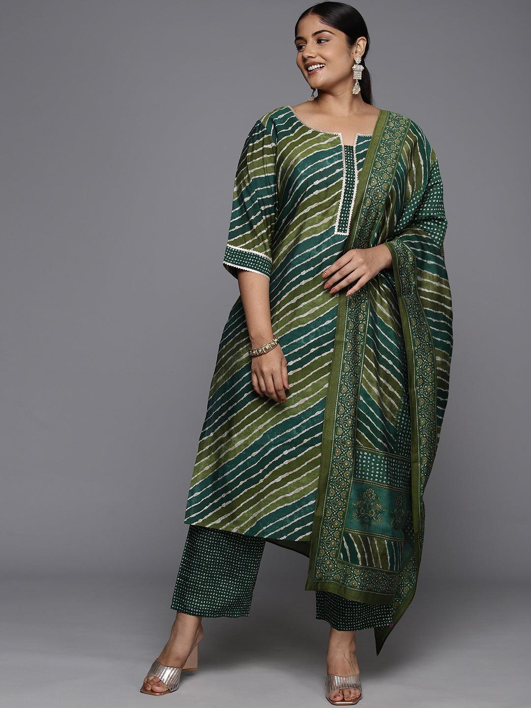 Plus Size Green Printed Silk Blend Straight Kurta With Trousers & Dupatta - ShopLibas