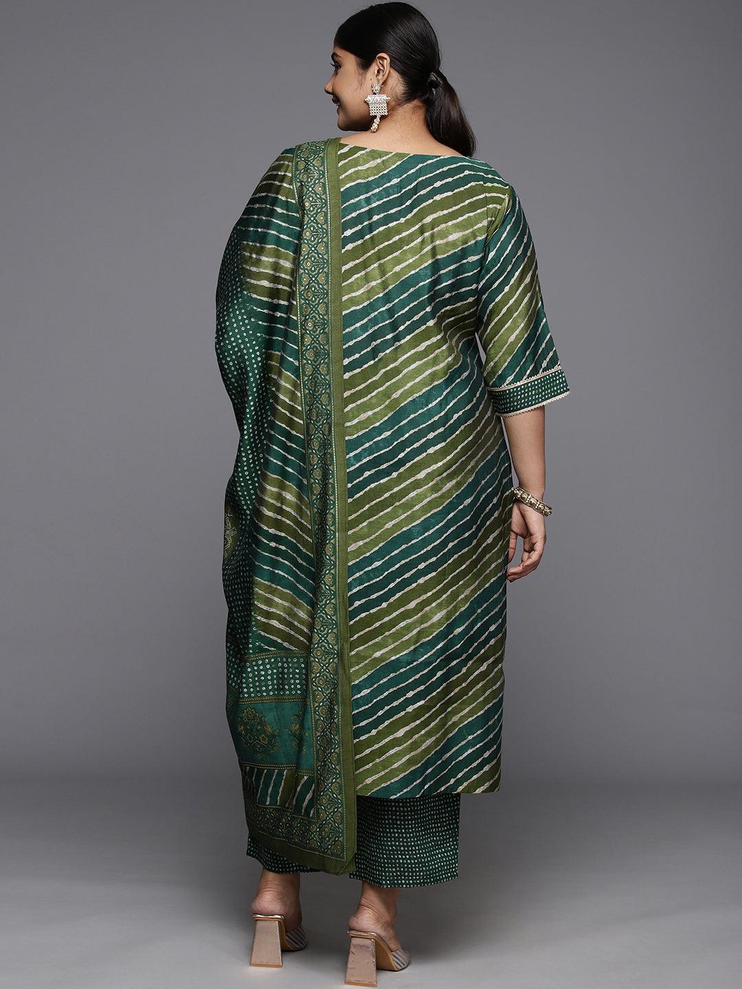 Plus Size Green Printed Silk Blend Straight Kurta With Trousers & Dupatta - ShopLibas
