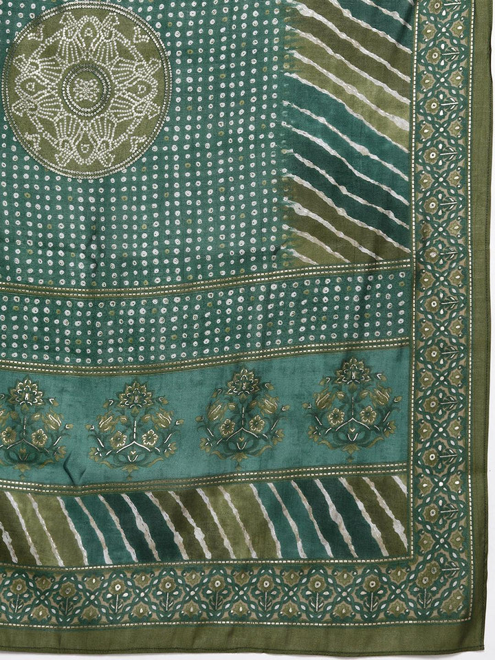 Plus Size Green Printed Silk Blend Straight Suit With Dupatta