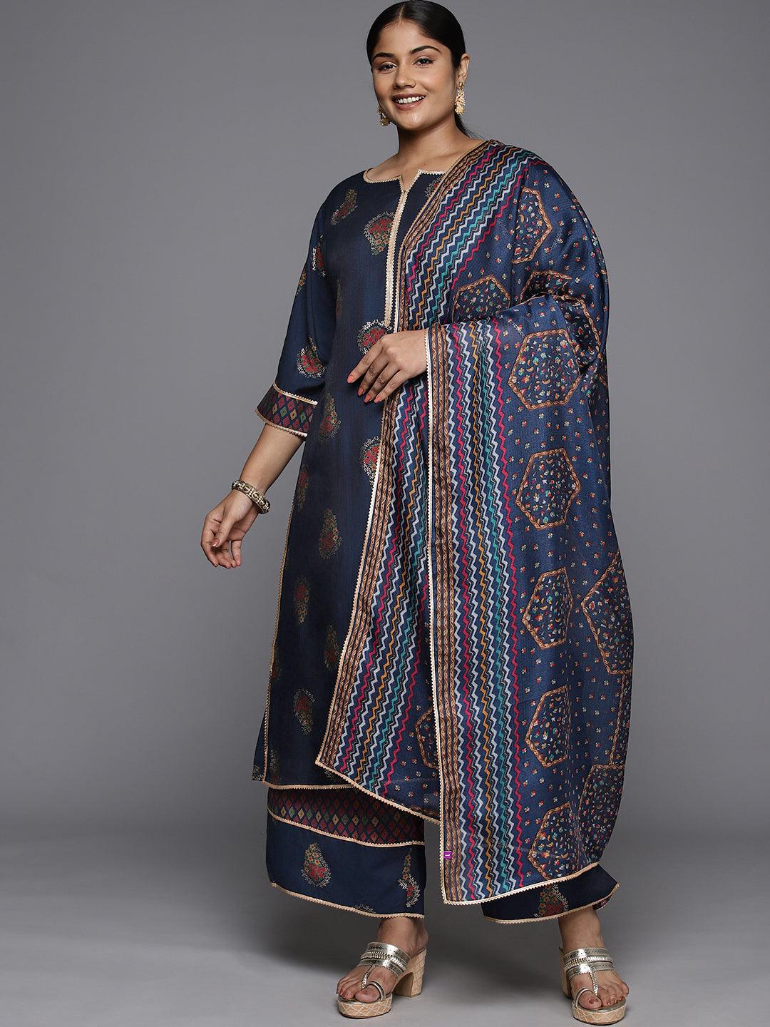 Plus Size Blue Printed Silk Blend Straight Kurta With Palazzos & Dupatta - ShopLibas