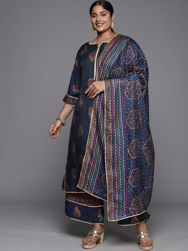 Plus Size Blue Printed Silk Blend Straight Suit With Dupatta