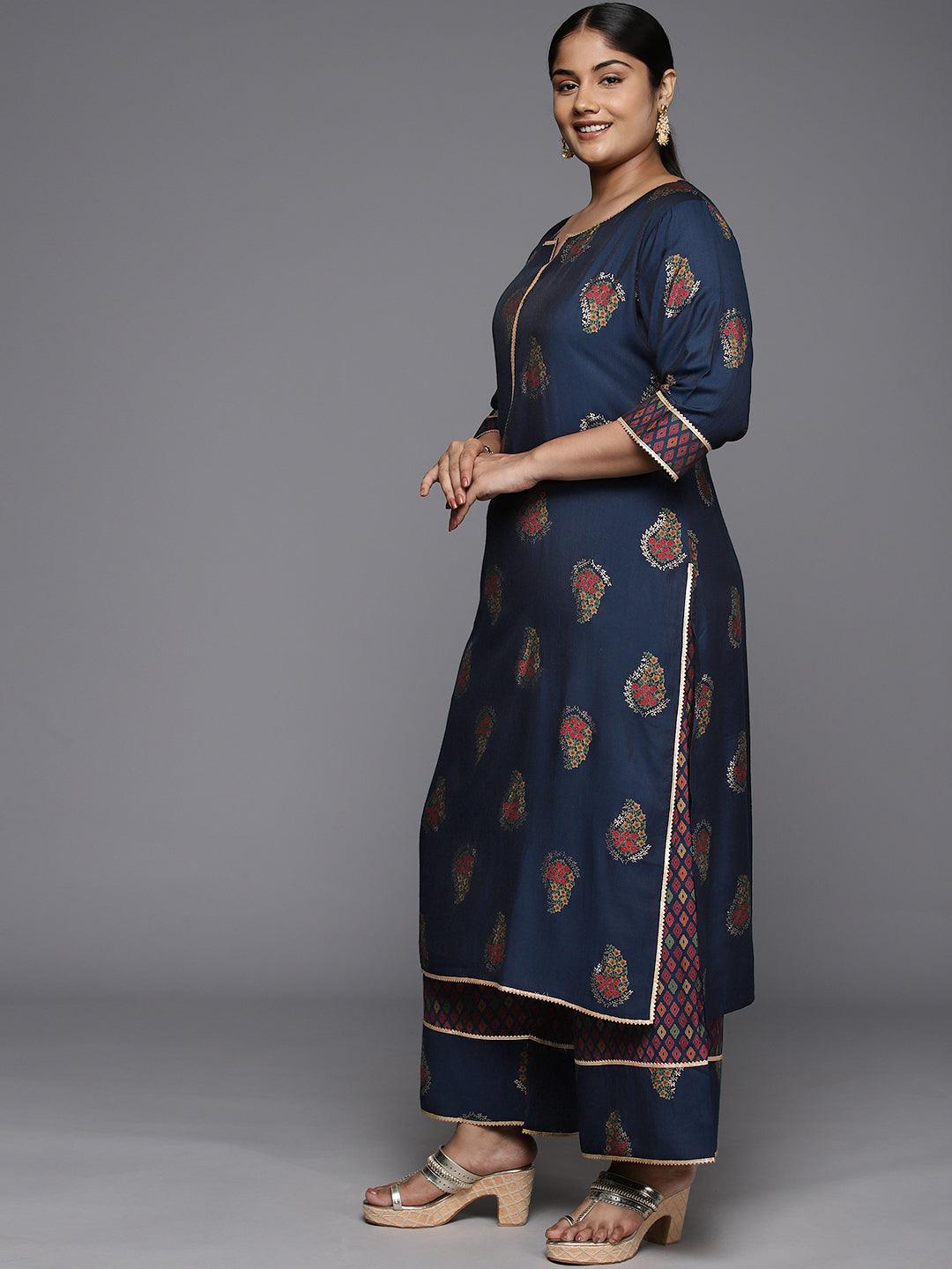 Plus Size Blue Printed Silk Blend Straight Kurta With Palazzos & Dupatta - ShopLibas