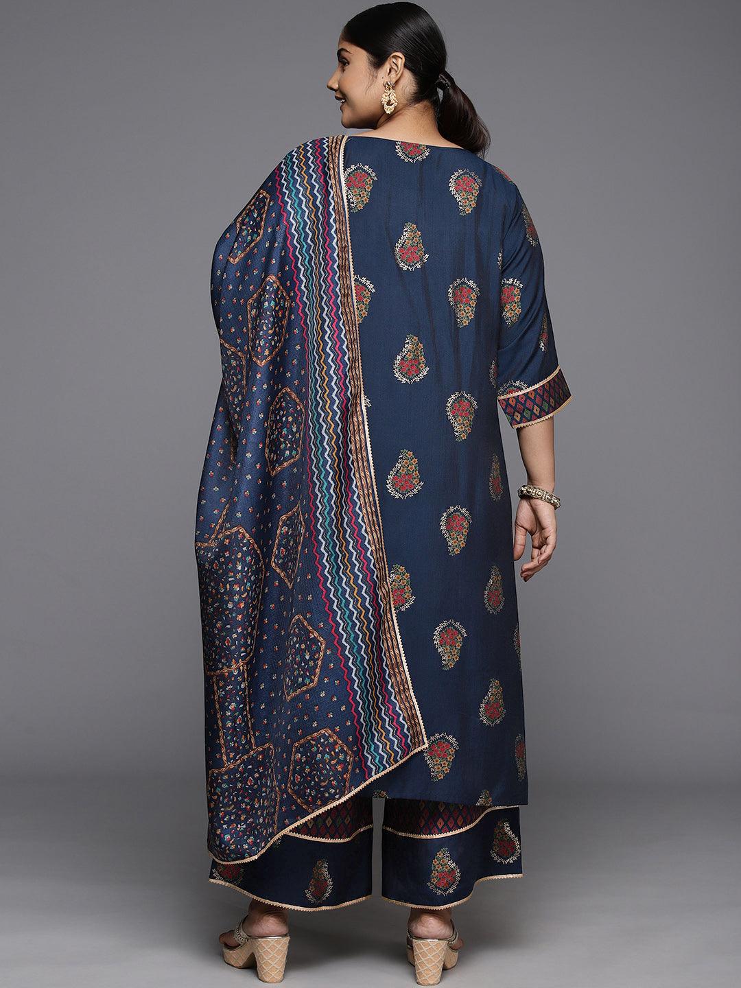 Plus Size Blue Printed Silk Blend Straight Kurta With Palazzos & Dupatta - ShopLibas