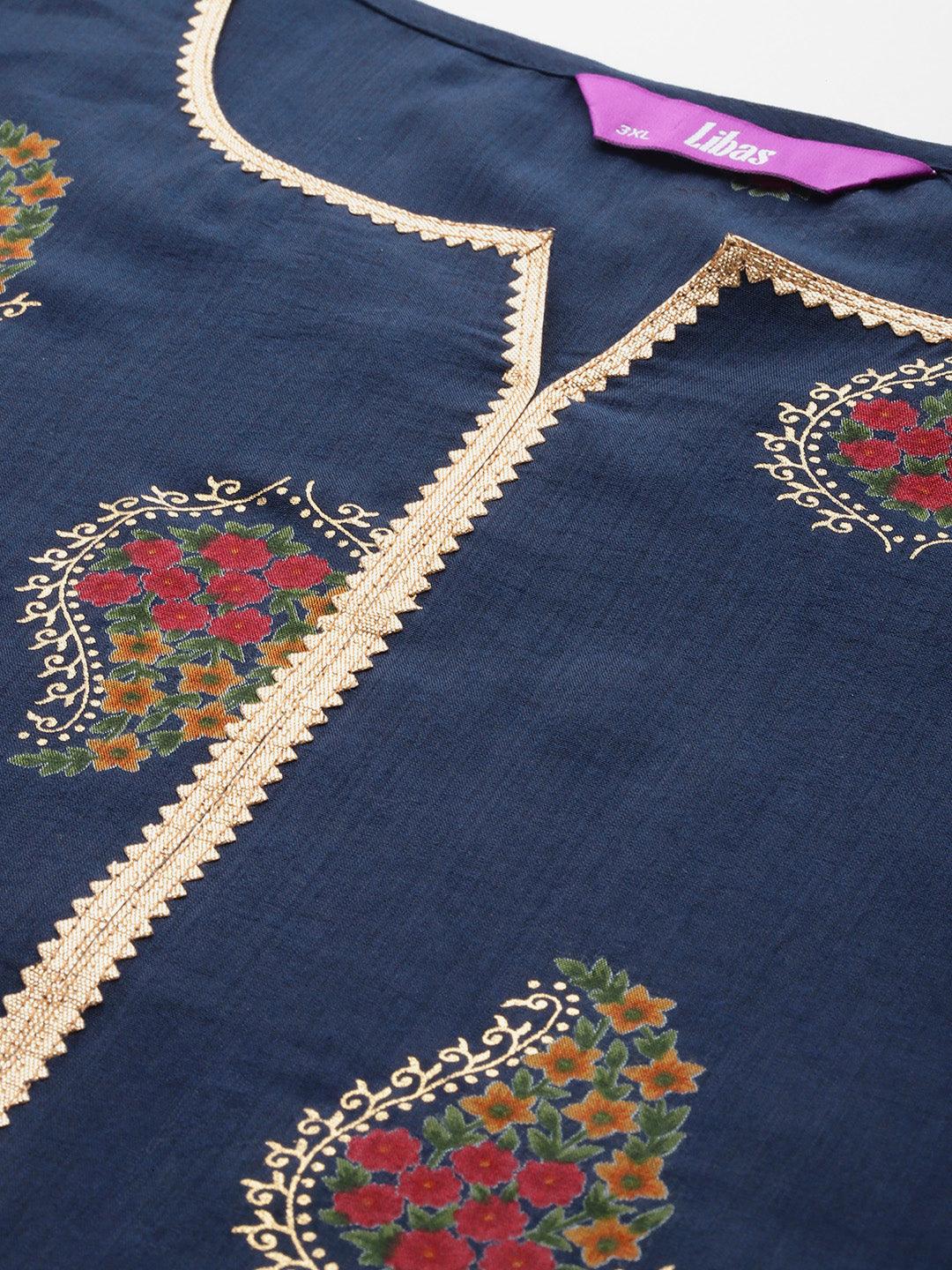 Plus Size Blue Printed Silk Blend Straight Kurta With Palazzos & Dupatta - ShopLibas