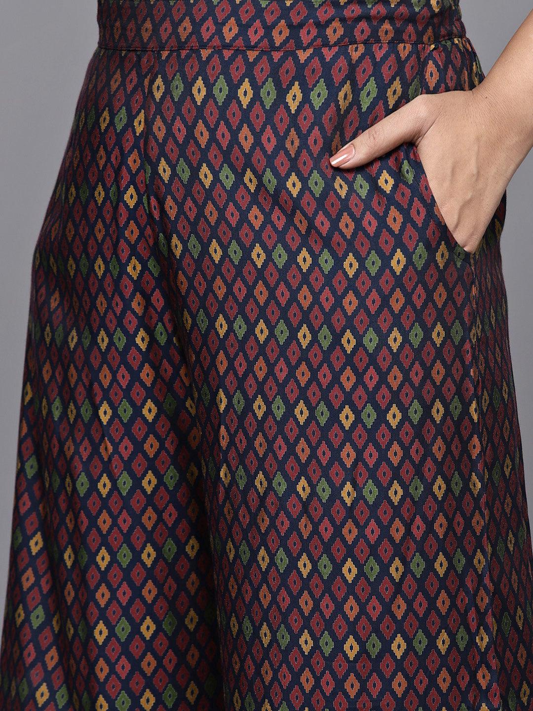 Plus Size Blue Printed Silk Blend Straight Kurta With Palazzos & Dupatta - ShopLibas