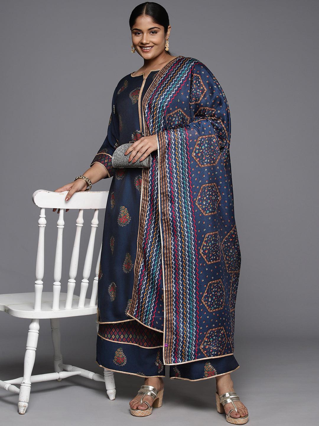 Plus Size Blue Printed Silk Blend Straight Kurta With Palazzos & Dupatta - ShopLibas