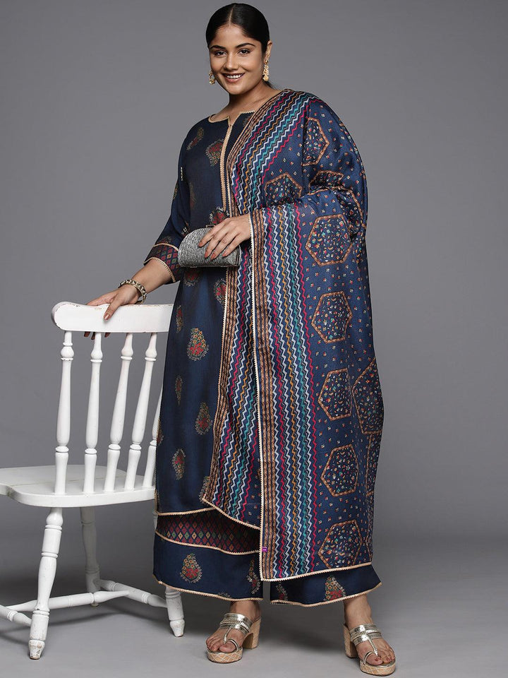 Plus Size Blue Printed Silk Blend Straight Suit With Dupatta