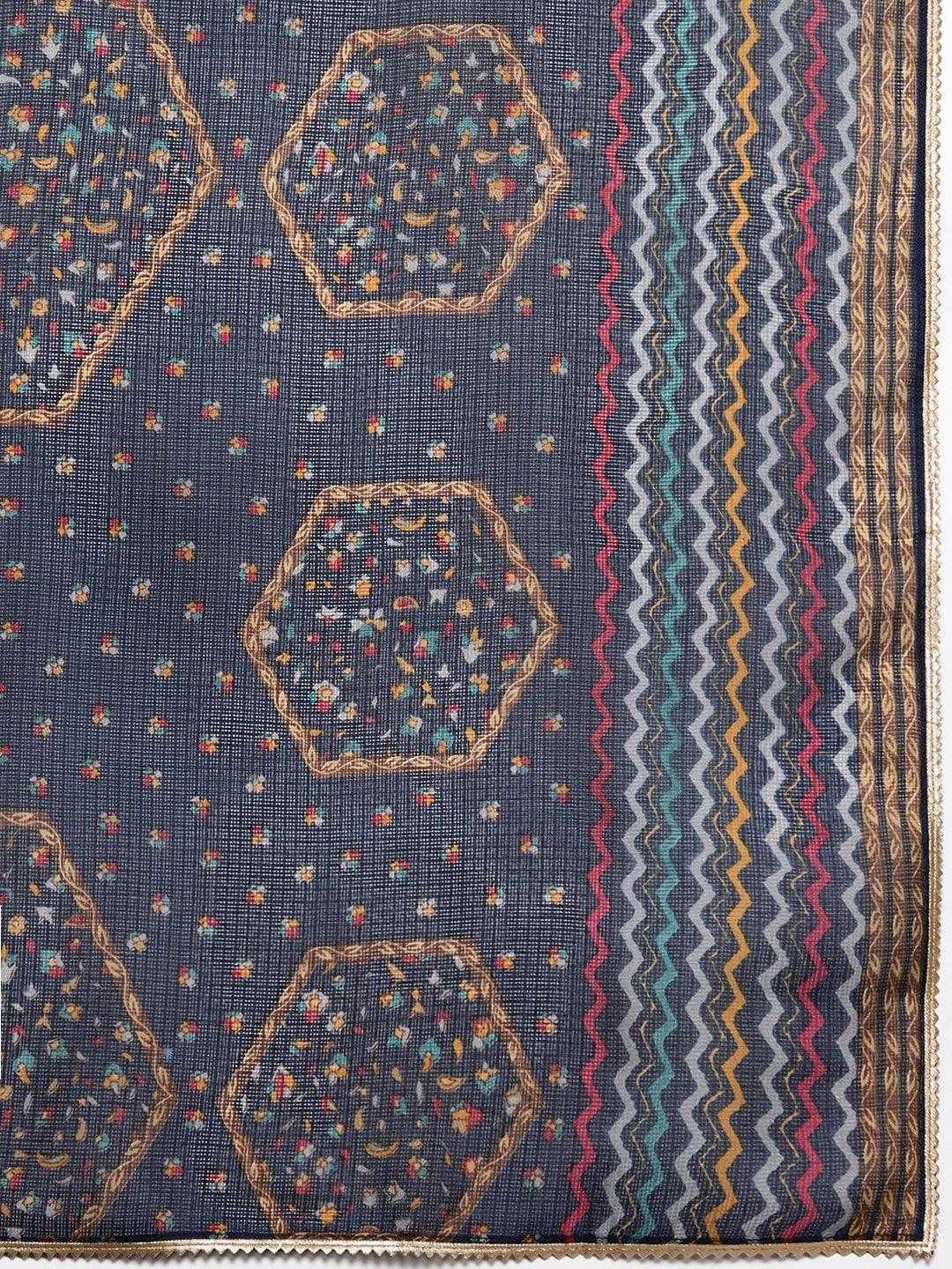 Plus Size Blue Printed Silk Blend Straight Kurta With Palazzos & Dupatta - ShopLibas