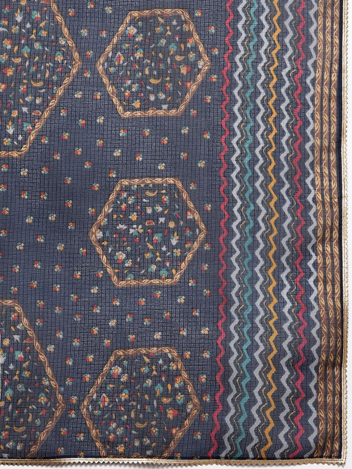 Plus Size Blue Printed Silk Blend Straight Suit With Dupatta