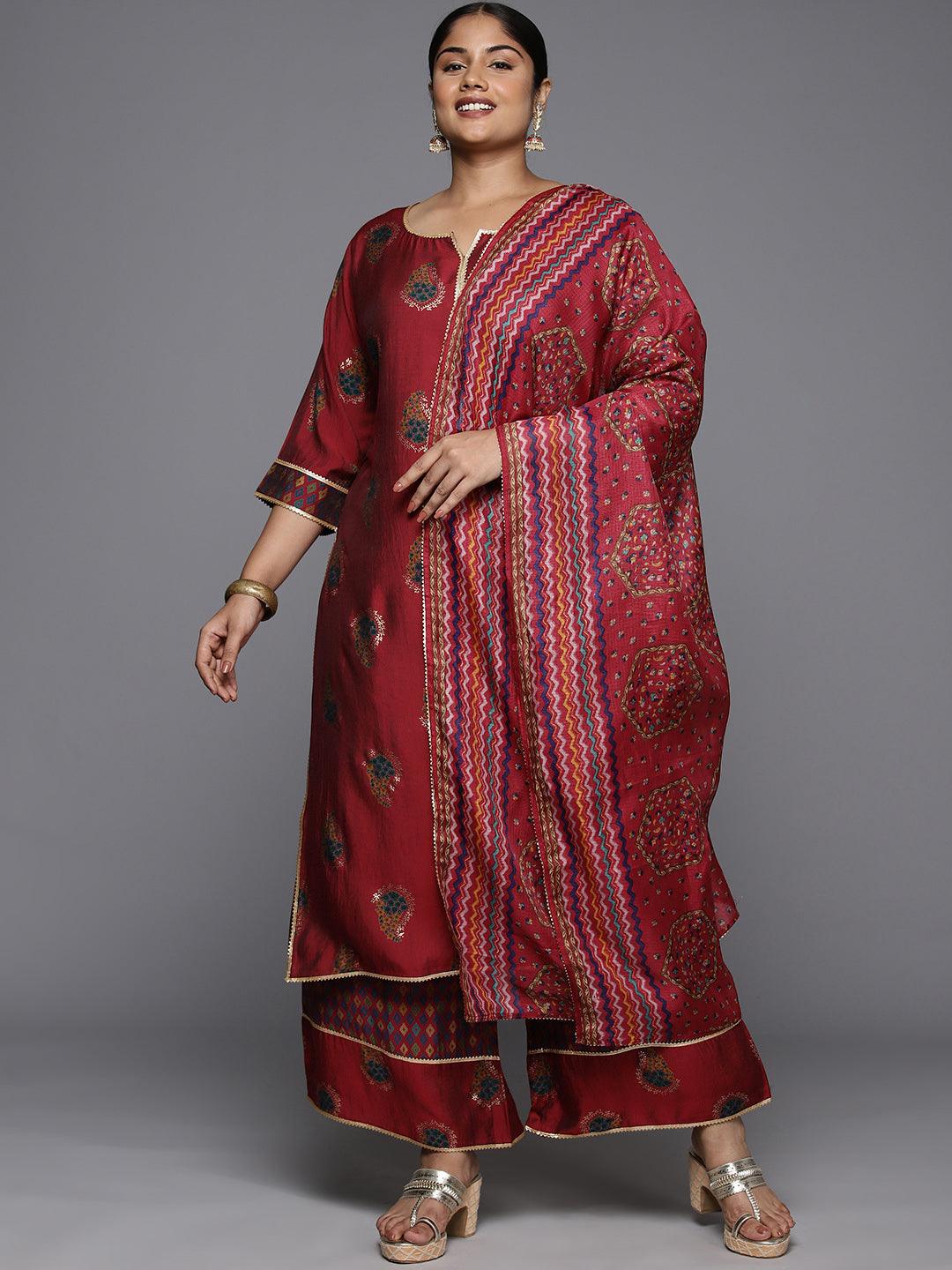 Plus Size Red Printed Silk Blend Straight Kurta With Palazzos & Dupatta - ShopLibas