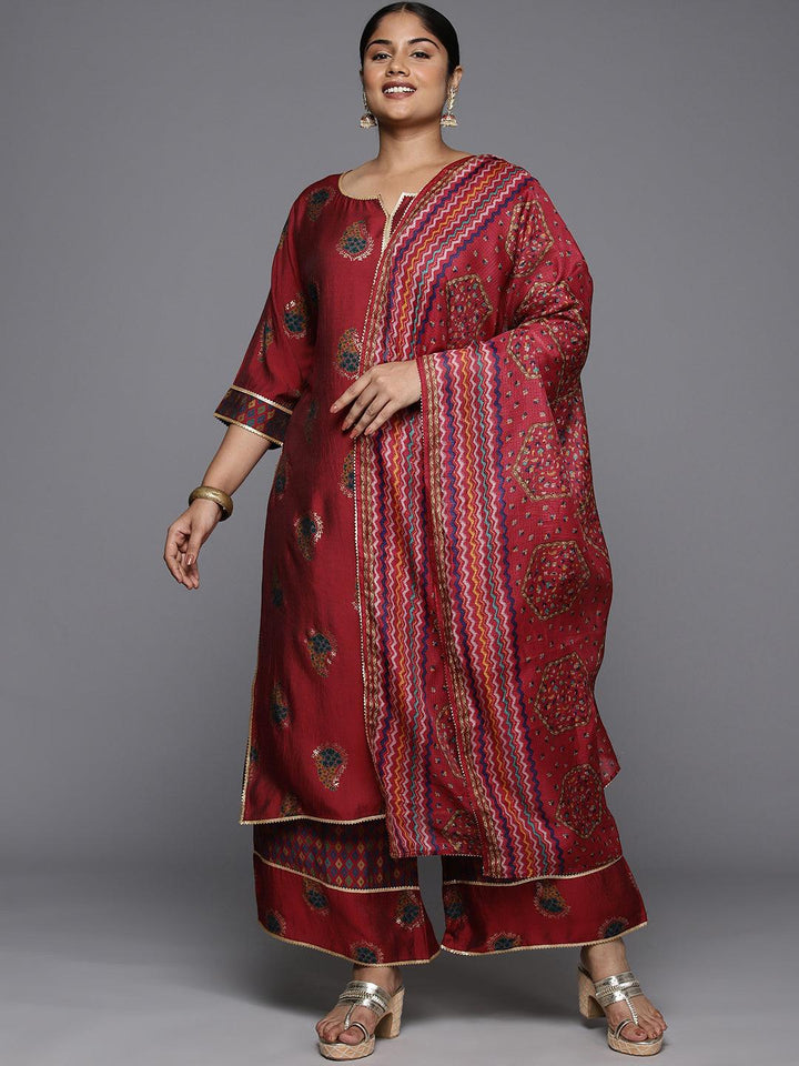 Plus Size Red Printed Silk Blend Straight Suit With Dupatta
