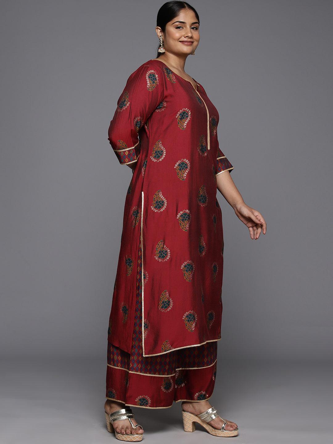 Plus Size Red Printed Silk Blend Straight Kurta With Palazzos & Dupatta - ShopLibas
