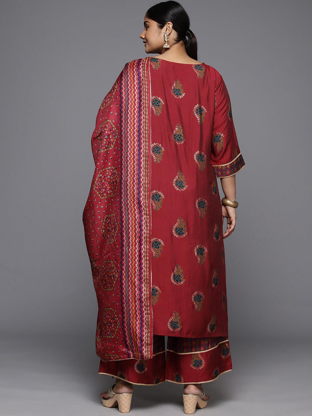Plus Size Red Printed Silk Blend Straight Kurta With Palazzos & Dupatta - ShopLibas