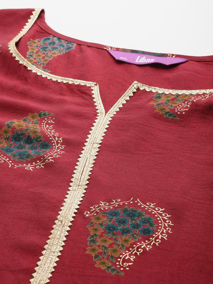 Plus Size Red Printed Silk Blend Straight Suit With Dupatta