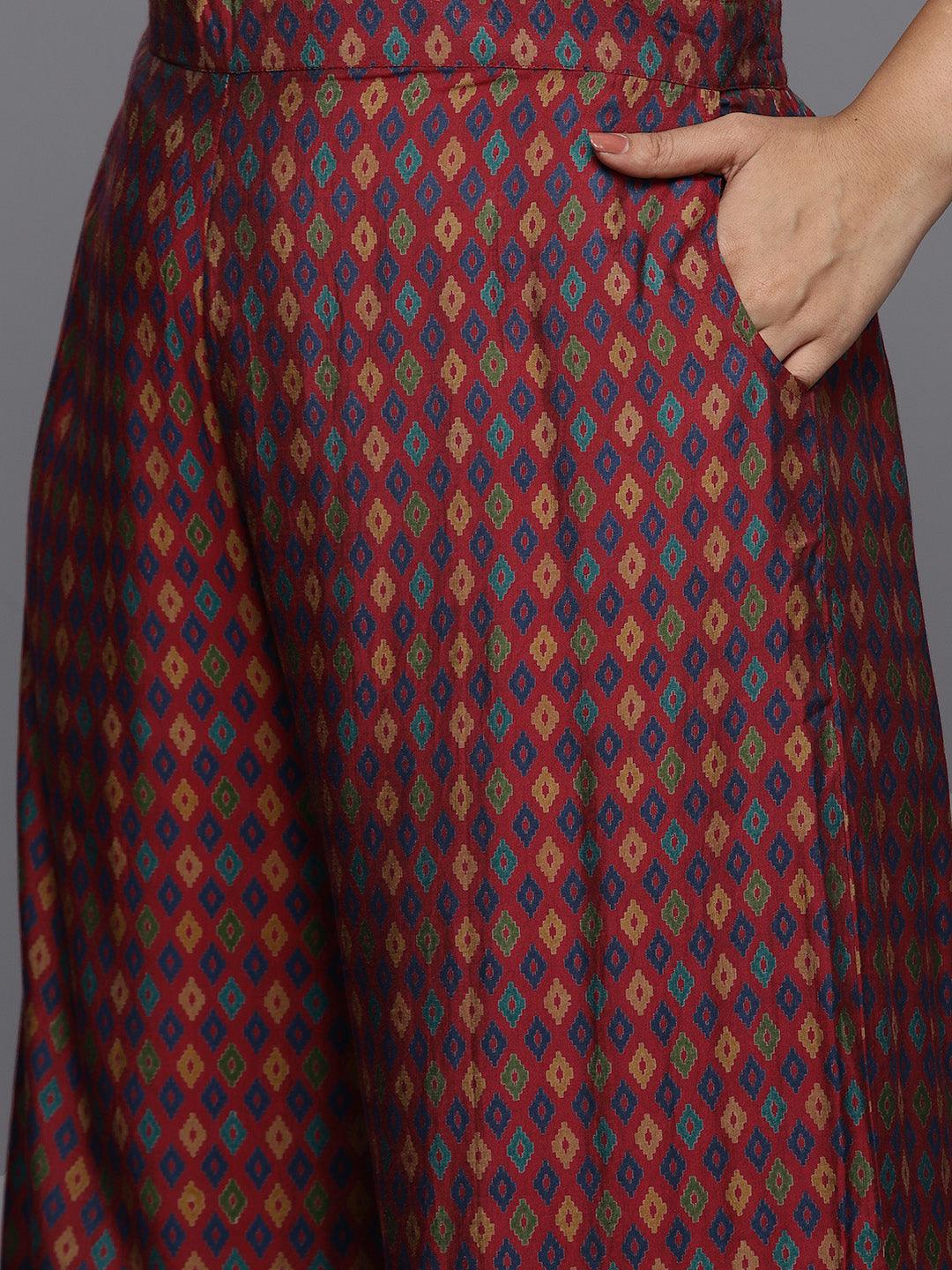 Plus Size Red Printed Silk Blend Straight Kurta With Palazzos & Dupatta - ShopLibas